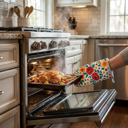 Floral Oven Mitts and Pot Holders Sets 2 Pcs, Canvas Heat Resistant Kitchen Mittens with Hot Pads, Vintage Farmhouse Country Decor, Non-Slip Cooking Baking Grilling Gifts for Women Mom (Flower1)