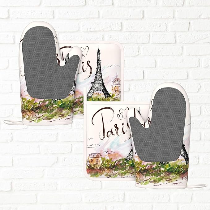 Pretty Romantic Paris Eiffel Tower Oven Mitts and Pot Holders Sets of 4, Heat Resistant Silicone Oven Mittens and Potholders Gloves Hot Pads for Kitchen Cooking Baking Grilling BBQ Chef - Image 6