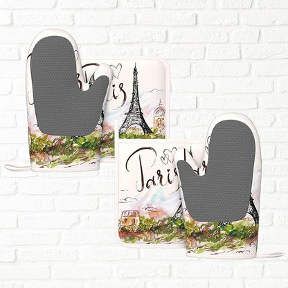 Pretty Romantic Paris Eiffel Tower Oven Mitts and Pot Holders Sets of 4, Heat Resistant Silicone Oven Mittens and Potholders Gloves Hot Pads for Kitchen Cooking Baking Grilling BBQ Chef - Image 6