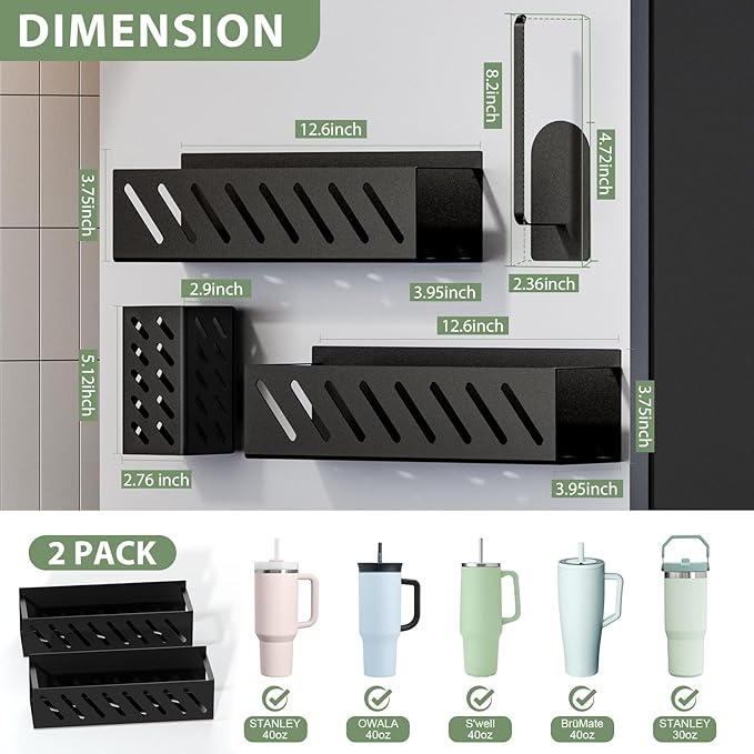 MOJOHAND Magnetic Cup Organizer for Full Stanley 30/40 oz Tumbler, 2Pack Water Bottle Holder with Tumbler Lid & Straw Organizer, Ideal for Fridge and other iron surfaces, Flexible disassembly(Black)