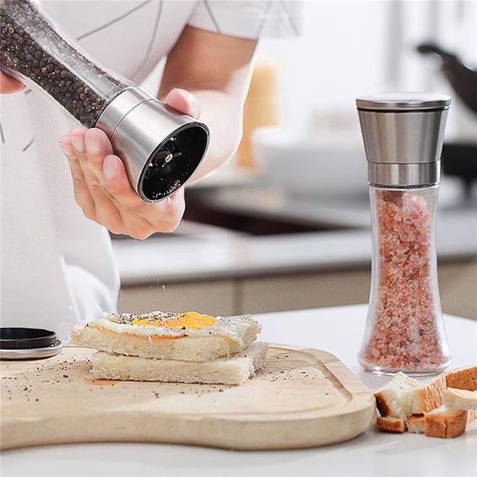 Elegant Pepper and Salt Grinder Set of 2, Best Spice Mill with Brushed Stainless Steel Cap, Ceramic Blades, Adjustable Coarseness, and Refillable Tall Glass Body with 6OZ Capacity (7.5"). - Image 6