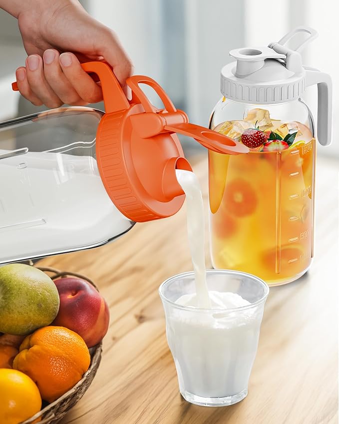 2 Pack Glass Mason Jar Pitcher with Lid, 64 oz (2 Quart) Leakproof Water Pitcher with Handle for Sun Tea, Cold Brew, Milk & Juice, White & Orange - Image 6