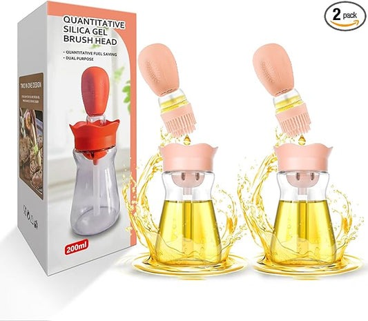 Oil Dispenser with Brush-2 Pack 7oz/200ML 2 IN 1 Glass Cooking Oil Dispenser Bottle with Silicone Basting Brush for Kitchen, Oil Storage and Container for Cooking BBQ, Sauce, Frying - Cream White