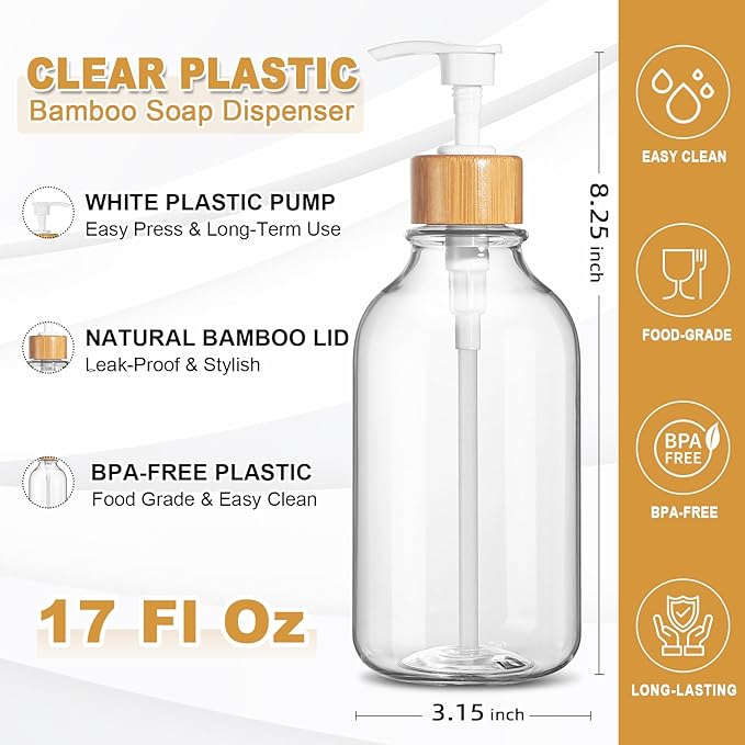 KASUNTING Clear Soap Dispenser, 2 Pack Plastic Dish Soap Dispenser for Kitchen, 17 Fl Oz Bathroom Hand Soap and Lotion Dispensers Set with Bamboo Pump, Refillable Liquid Soap Bottles - Image 3