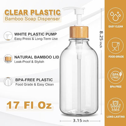 KASUNTING Clear Soap Dispenser, 2 Pack Plastic Dish Soap Dispenser for Kitchen, 17 Fl Oz Bathroom Hand Soap and Lotion Dispensers Set with Bamboo Pump, Refillable Liquid Soap Bottles - Image 3