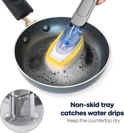Dish Brush with Soap Dispenser Storage Set with 2 PCS Sponge Refills & Holder, Soap Dispensing Dish Brushes, Sponge with Soap Dispenser Handle, Dish Sponges with Handle for Dishes Pans Pots Sink(Gray)