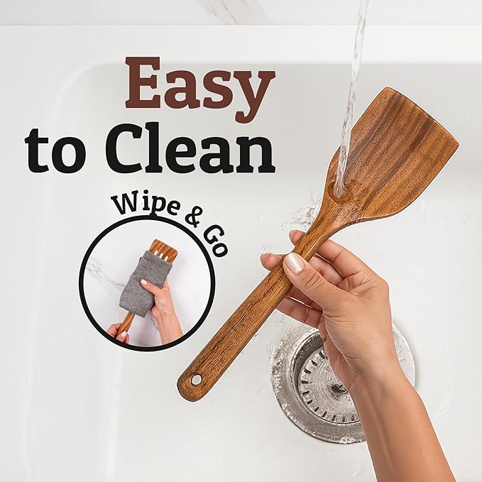 PriorityChef Premium Teak Flat Wooden Spatula for Cooking - Long Handle Wooden Wok Spatula, Flat Wood Turner for Stir Fry, Wood Teak for Nonstick Pans, Kitchen Cooking Utensil