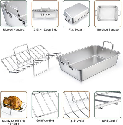 TeamFar Roasting Pan with Rack, 14 Inch Stainless Steel Turkey Roaster Lasagna Pan with V-Shaped Rack & Cooling Rack, Healthy & Sturdy, Brushed Surface & Dishwasher Safe, Rectangular - Set of 3