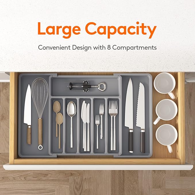 Lifewit Silverware Drawer Organizer, Expandable Utensil Tray for Kitchen, BPA Free Flatware and Cutlery Holder, Adjustable Plastic Storage for Spoons Forks Knives, 13-22 x 15", Grey - Image 2