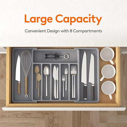 Lifewit Silverware Drawer Organizer, Expandable Utensil Tray for Kitchen, BPA Free Flatware and Cutlery Holder, Adjustable Plastic Storage for Spoons Forks Knives, 13-22 x 15", Grey - Image 2
