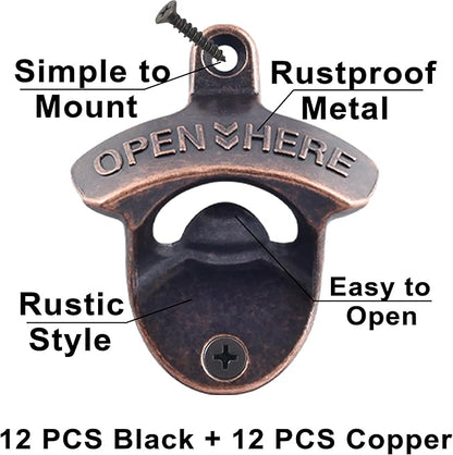 24 PCS Bulk Beer Bottle Opener Wall Mount Rustproof, Black Copper Mountable Soda Bottle Cap Opener for DIY Cooler Table