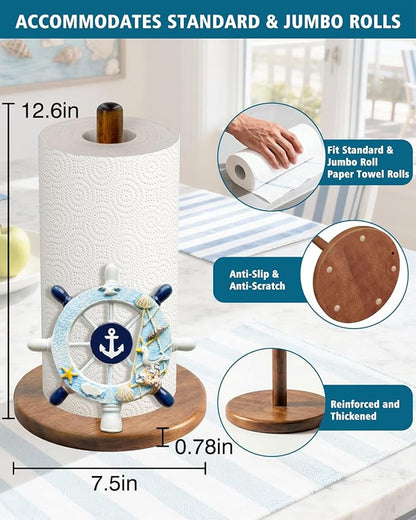 Ship's Rudder Paper Towel Holder, Nautical Coastal Beach Ocean Decor for Kitchen Bathroom Countertop, Freestanding Wooden Stand, Standard & Jumbo Rolls, Gift for Women