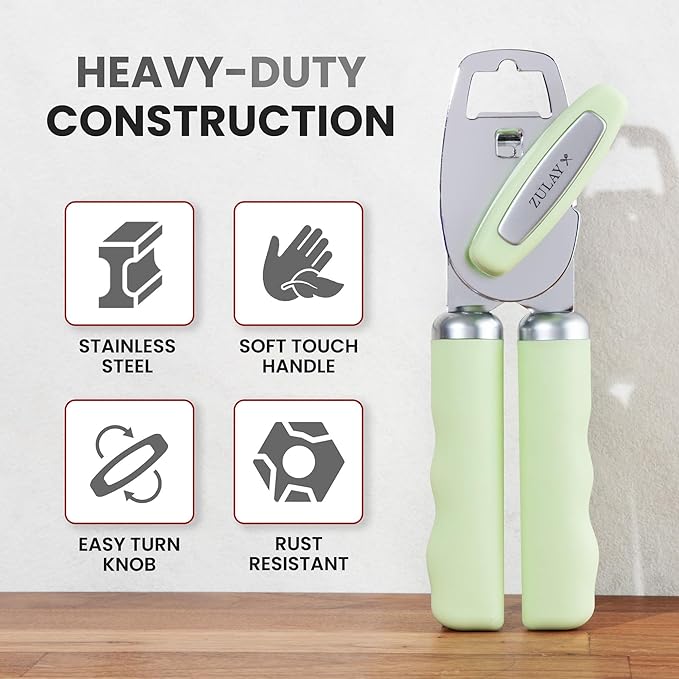 Zulay Kitchen Heavy Duty Stainless Steel Can Opener Manual with Bottle Opener - Rust Proof Manual Can Opener With Turn Knob & Comfy Soft Grip Handles - Pistachio - Image 3