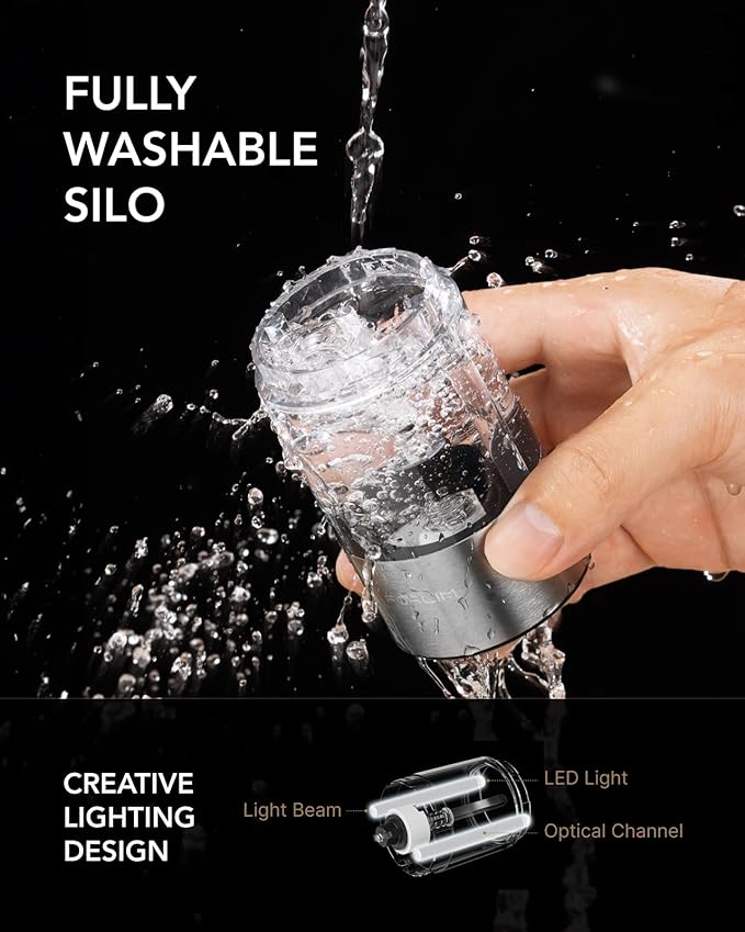 FORLIM Rechargeable Electric Salt and Pepper Grinder Set, Dual-Speed Control, Stainless Steel Automatic Salt & Pepper Mill with Dust Cover, 2 LED Lights, Adjustable Coarseness (2-Pack, Glossy Silver) - Image 6