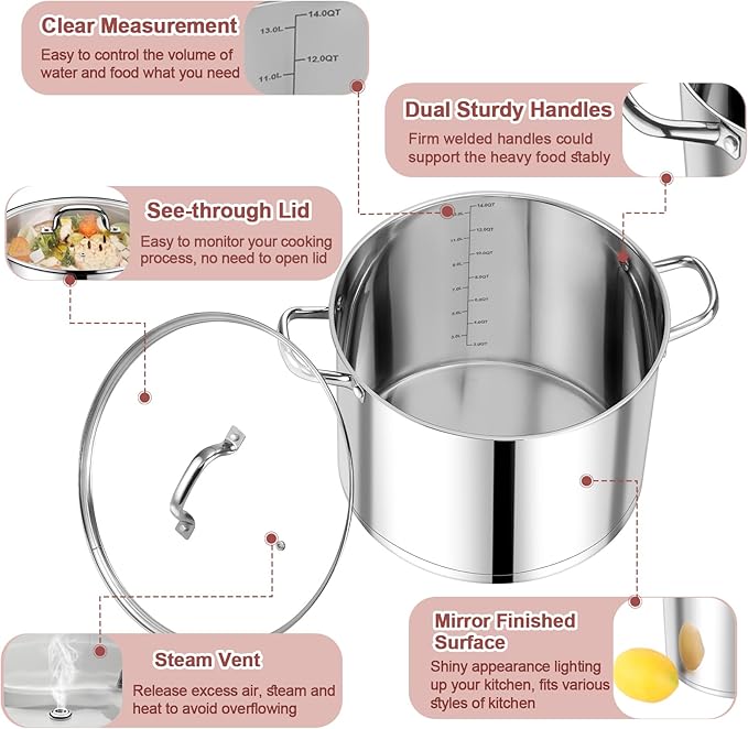 P&P CHEF 14 QT Stock Pot with Lid, Stainless Steel Large Cooking Pot, Soup Canning Stockpot for Stewing Simmering, Tri-ply Bottom for All Stoves, Heavy-Duty &Dishwasher Safe & Food-Grade - Image 3