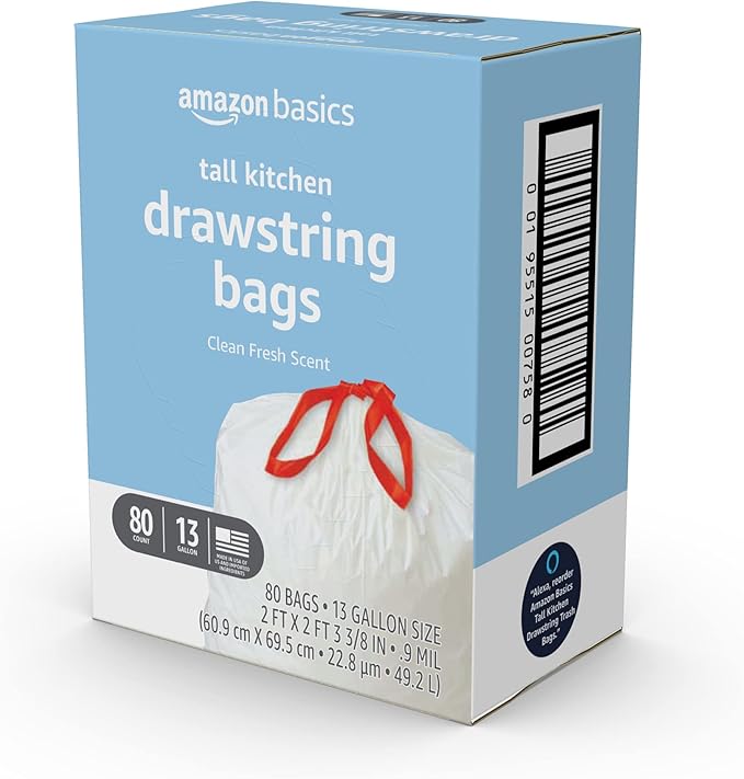Amazon Basics Tall Kitchen Drawstring Trash Bags, Clean Fresh Scent, 13 Gallon, Odor Control, 0.9 mil Thickness, 80 Count (Previously Solimo) - Image 4