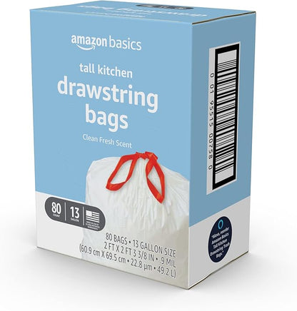Amazon Basics Tall Kitchen Drawstring Trash Bags, Clean Fresh Scent, 13 Gallon, Odor Control, 0.9 mil Thickness, 80 Count (Previously Solimo) - Image 4