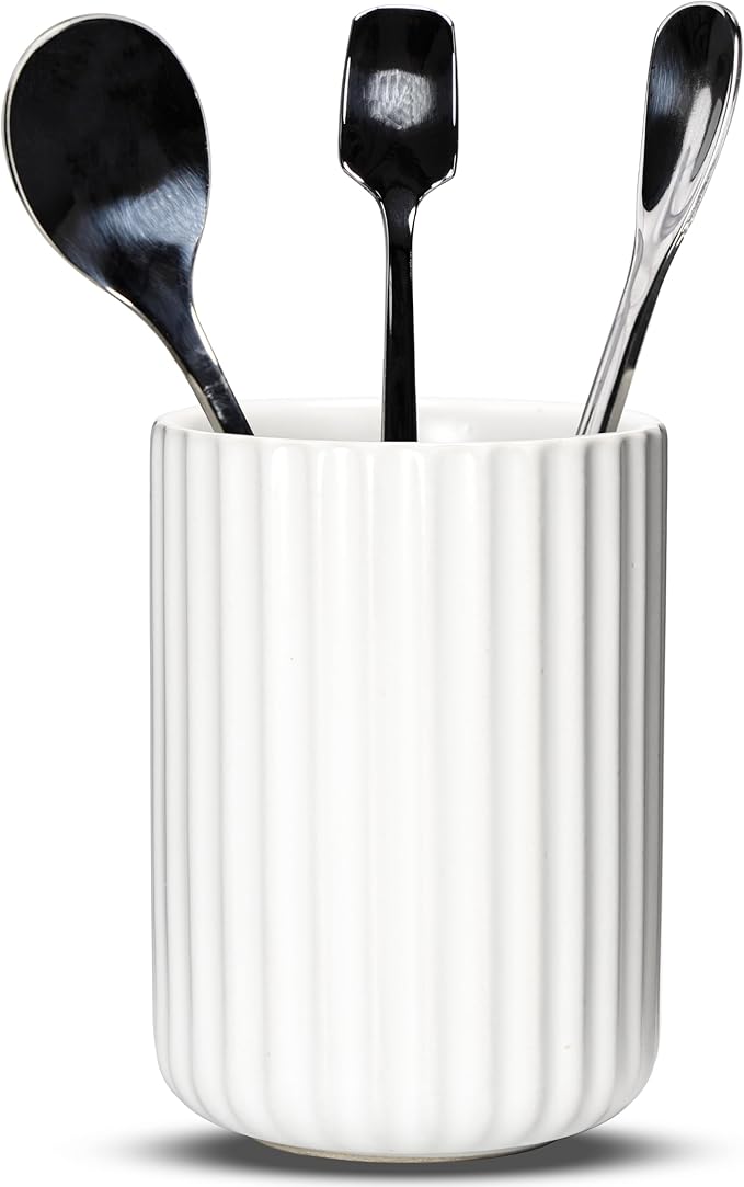 Ceramic Spoon Holder for Coffee Bar, Upright Tea Spoon Holder Cup, Coffee Stirrers Straws Stir Stick Holder, White Fluted Surface by U-TIMES