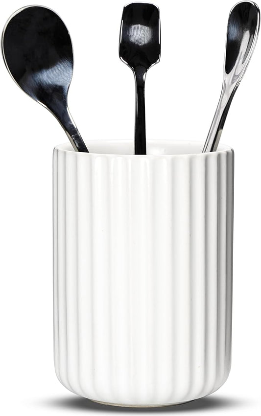 Ceramic Spoon Holder for Coffee Bar, Upright Tea Spoon Holder Cup, Coffee Stirrers Straws Stir Stick Holder, White Fluted Surface by U-TIMES