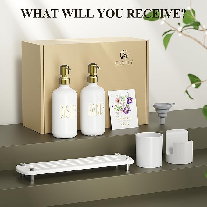 Cisily Kitchen Soap Dispenser Set Comes with Ceramics Sponge Holder, Gold Pumps, and Instant Dry Tray, Hand and Dish Soap Dispenser Set (5, Gold + White + Brush Holder + Sponge Holder) - Image 7