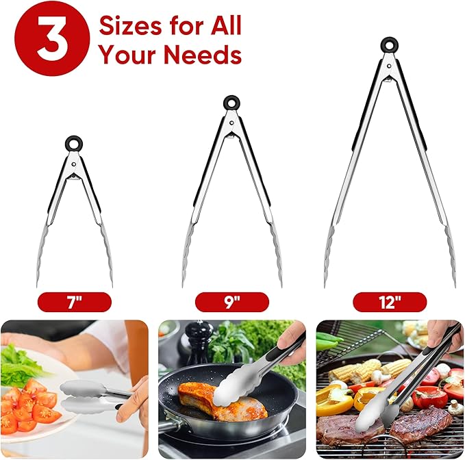 Stainless Steel Tongs Set, Food Grade Stainless Steel Kitchen Tongs, Heat Resistant 600 Degrees, for Cooking, BBQ Barbecue, Grilling, Buffet, Serving (7"+9"+12") - Image 3