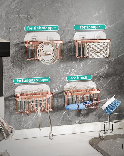 HapiRm Multifunctional Sink Sponge Holder with Unique M-Shaped, 2 Installation Ways Kitchen Sink Caddy, Stainless Steel Kitchen Organizer for Sponge, Brush and Scraper - Rose Gold - Image 2