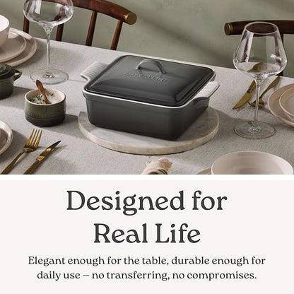 ROSSALLINI Stoneware Casserole Dish Bakeware with Lid | Covered Square Dinnerware | Medium 2 Quart, [Passion Red]