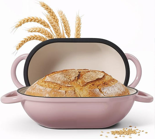 2 QT Oval Dutch Oven for Bread Baking, Enamelled Cast Iron Bread Oven for Sourdough, Sourdough Loaf Pan with Lid, Heavy-Duty Non Stick Bread Pan for Homemade Bread Baking, Pink