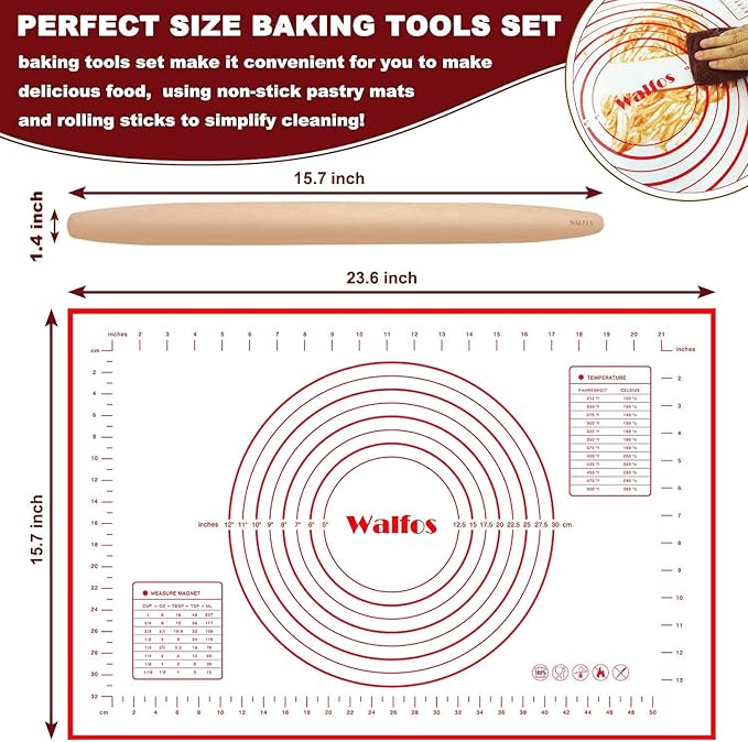 WALFOS French Rolling Pin and Silicone Baking Mat Set, Non-Stick Beech Wood Rolling Pin 15.7 Inch and Pastry Mat for Best Pie Crust, Cookie, Pasta and Pizza Dough - Image 5