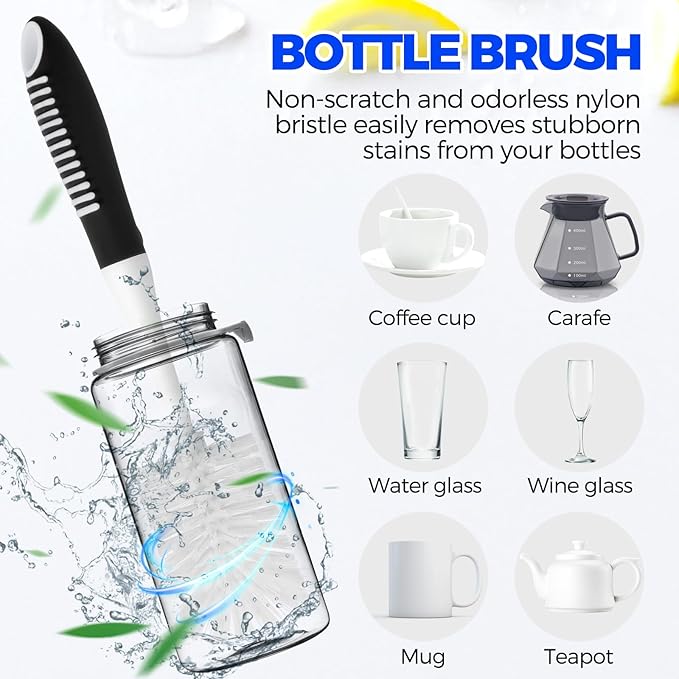 Holikme 6 Pack Dish Brush Set with Bottle Brush, Dish Scrub Brush, Pan Brush and 3 Straw Brushes, Deep Cleaning Handle Brush with Scraper Tip for Kitchen Sink Dishes Bottle Cup Pot and Pans (Black) - Image 4