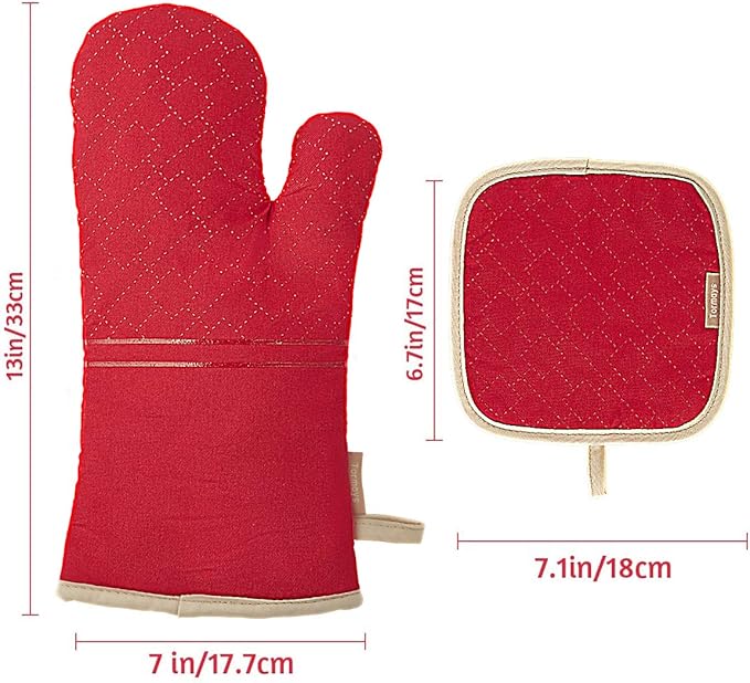 4Pcs Oven Mitts and Pot Holders Set, 572F Heat Resistant Oven Glove, Soft Cotton Lining with Non-Slip Surface for Kitchen Baking BBQ (Red) - Image 6