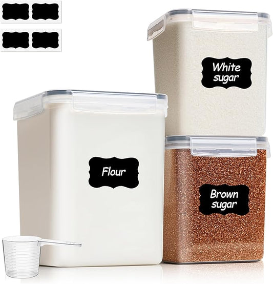 ComSaf Flour Sugar Storage Containers Set of 3 (5.2L/5.5Qt) (2.5L/2.6Qt*2), Large Airtight Food Storage Containers with Lids, Plastic Canisters Sets for Kitchen, Pantry Organizers for Rice and Baking by ComSaf