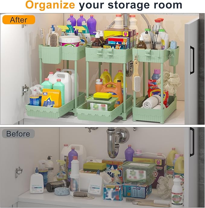Sevenblue 3 Pack Under Sink Organizers, 2-Tier Multi-Use Kitchen and Bathroom Organizers and Storage with Sliding Drawers, Bathroom Cabinet Organizer (Green, 14.8 Inch) - Image 4