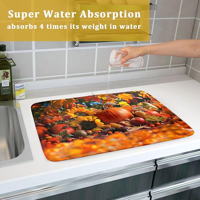 Fall Harvest Pumpkin Dish Drying Mat for Kitchen Counter,Thanksgiving Maple Leaves Sunflower Drying Mat 18 x 24 Inch with Absorbent Reversible Microfiber Dish Drying Pad for Coffee Bar - Image 7