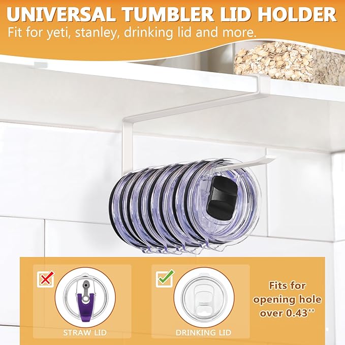 Tumbler Lid Organizer 2 Pack Tumbler Lid Storage Hook Up to 20 Lids, Space Saving Cup Lid Organizer Under Cabinet Tumbler Lid Hanger for Kitchen Storage, Horizontal Paper Towel Hanger (White)