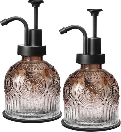 SheeChung Vintage Soap Dispenser, Kitchen Dish Soap Dispensers with Pump Mat, Glass Hand Soap Dispenser for Bathroom, Liquid, Lotion, Refillable, Rustic Farmhouse Decor-Brown (Black Pump, 2 pk)