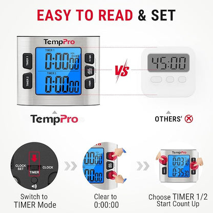 TempPro TM02 24H Digital Timer with Dual Kitchen Timers for Cooking, Magnetic Timer Clock with Adjustable Alarm Volume & LCD Backlit Display, Classroom Timer for Kids & Teachers(Previously ThermoPro) - Image 6