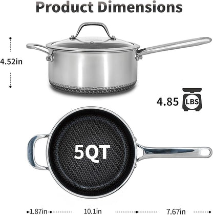 Hybrid Nonstick 5 QT Stockpot with Lid Two Handles, Stainless Steel Stockpot with Honeycomb Texture,Compatible with All Cooktops,Dishwasher and Oven Safe