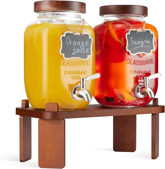 2PCS Large Drink Dispensers for Parties,Glass Beverage Dispenser with Wood Stand,Lemonade Drink Dispenser with Stainless Steel Spigot for Fridge,Water, Juice,Punch,Cocktails,Ice Tea & Sun Tea by FavorFlavor