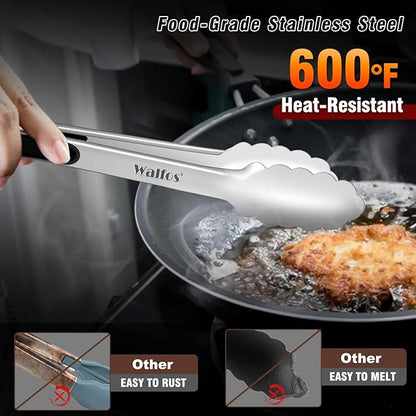 Walfos Stainless Steel Kitchen Tongs for Cooking- 7 ，9 and 12 Inch, Food Grade Metal Tongs for Cooking, BBQ, Set of 3 Heavy Duty Locking Cooking Tongs Non-Slip Grip - Image 3