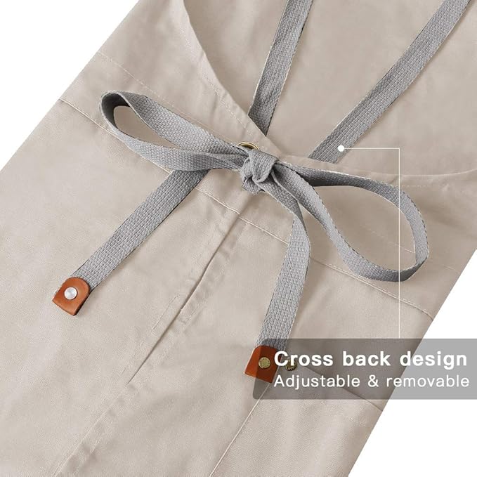 Mignongirl Crossback Apron with Pockets x2,Split Apron with Adjustable Straps,M-XXL (Beige) - Image 4