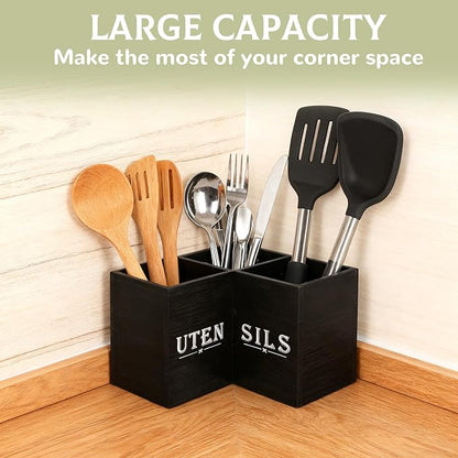 Kitchen Utensils Holder with 3 Compartments,Corner Utensil Caddy,Wooden Utensil Organizer for Countertop, Farmhouse Decor - Image 4