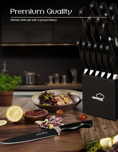 Amorston Knife Set, 15 Pieces Kitchen Knives Set with Block and Built in Sharpener, Dishwasher Safe Knife Block Set, German Stainless Steel Knife Block Set for Home Kitchen Mothers Day Gifts Black - Image 2