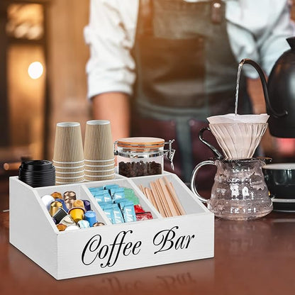 ugiftt Coffee Station Organizer for Counter, Wood Coffee Pods Holder Storage Basket, Tea Condiment Storage Organizer, Rustic Wood Bar Decor for Accessories - Image 2