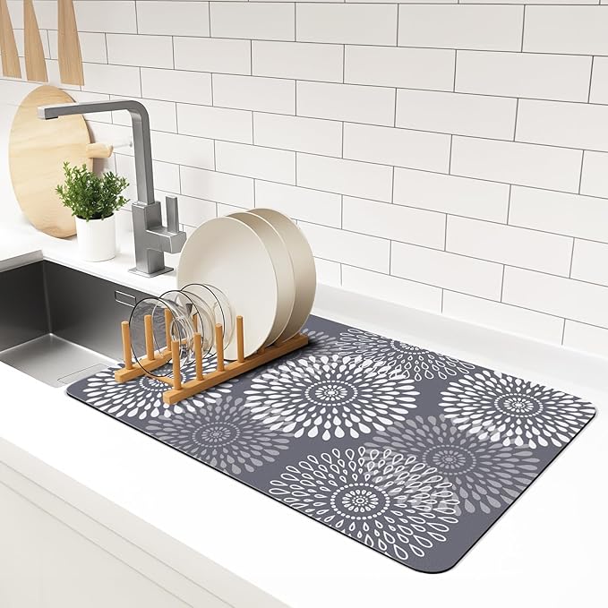 LuxStep Dish Drying Mat Super Absorbent Kitchen Counter Mat Rubber Backing Draining Mat Easy to Clean Kitchen Accessories Dish Rack Pad for Dishes, Utensils, Countertops, Sinks 16" x 24" Grey by LuxStep