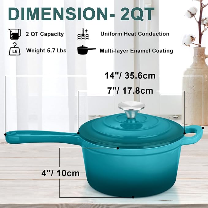 2 Quart Saucepan with Lid, Leonyo Enameled Cast Iron Sauce Pan, Cast Iron Pot and Pan Dutch Oven Induction Cookware for All Cooktops Cooking Soup, Milk, Paste- Up to 500°F & 6.7Lbs, Lake Green