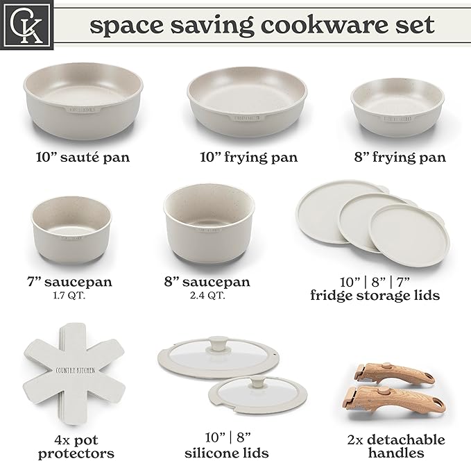 Country Kitchen Cookware Set with Removable Handle, Oven & RV Safe Pots and Pans Set, Cream Gold Speckle Wood Handle, Original - Image 3