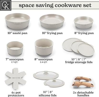 Country Kitchen Cookware Set with Removable Handle, Oven & RV Safe Pots and Pans Set, Cream Gold Speckle Wood Handle, Original - Image 3