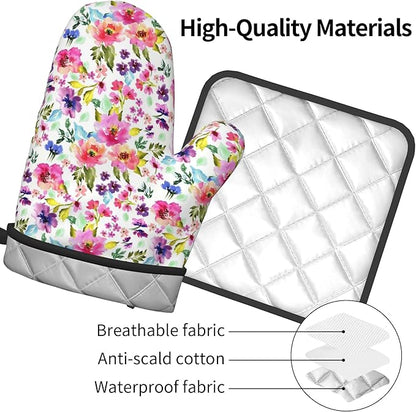 Floral Oven Mitts and Pot Holders Sets Spring Summer Kitchen Mitts Colorful Blossom Potholders 2PCS Wildflower Oven Gloves Hot Pads for Kitchen Baking Cooking - Image 4
