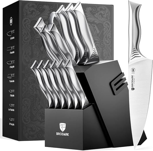 BRODARK Kitchen Knife Set with Block - 15-Piece Knife Block Set with Built-in Sharpener - High Carbon Stainless Steel Kitchen Knives Set for Kitchen - Christmas Gift, Shark Series, Mothers Day